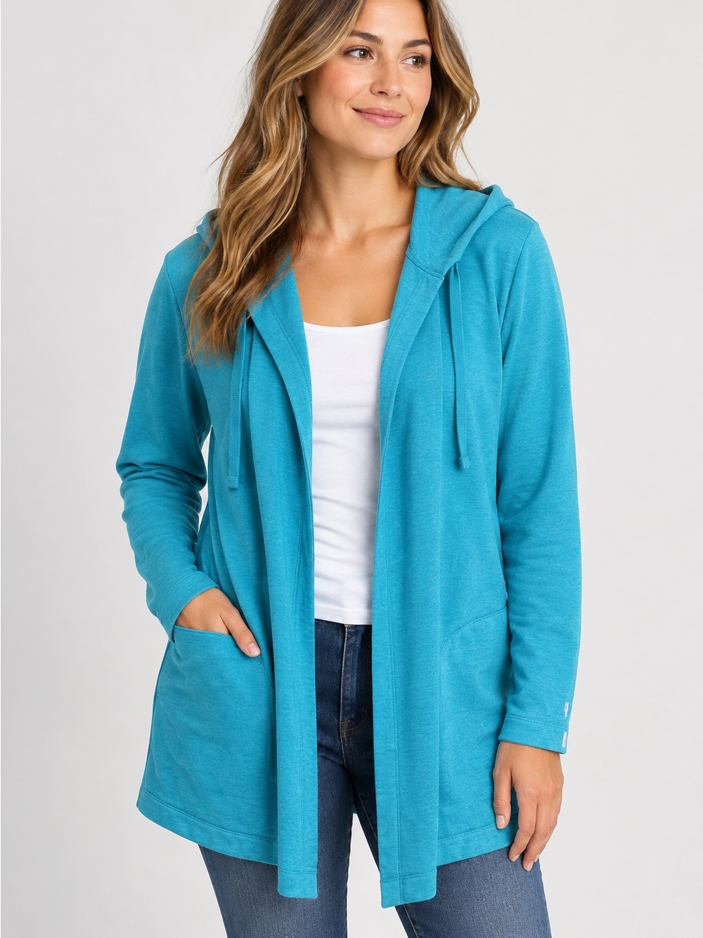 Eddie Bauer Open-Front Hooded Cardigan - Turquoise Blue